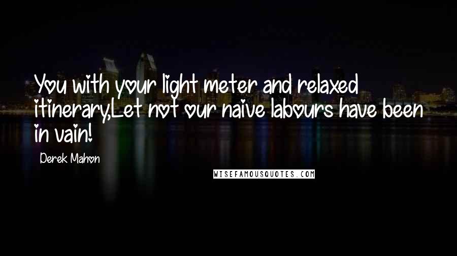 Derek Mahon Quotes: You with your light meter and relaxed itinerary,Let not our naive labours have been in vain!