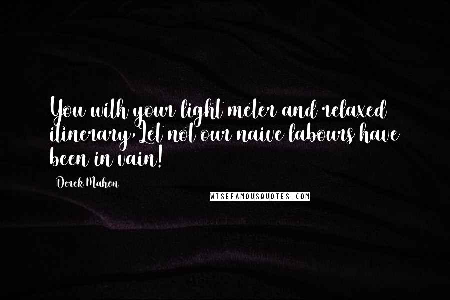 Derek Mahon Quotes: You with your light meter and relaxed itinerary,Let not our naive labours have been in vain!