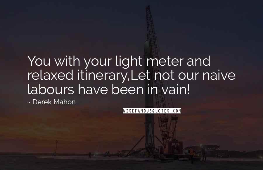 Derek Mahon Quotes: You with your light meter and relaxed itinerary,Let not our naive labours have been in vain!