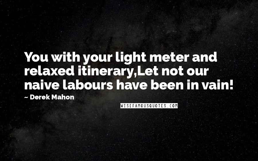 Derek Mahon Quotes: You with your light meter and relaxed itinerary,Let not our naive labours have been in vain!