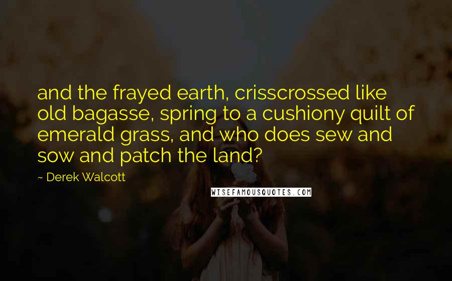 Derek Walcott Quotes: and the frayed earth, crisscrossed like old bagasse, spring to a cushiony quilt of emerald grass, and who does sew and sow and patch the land?
