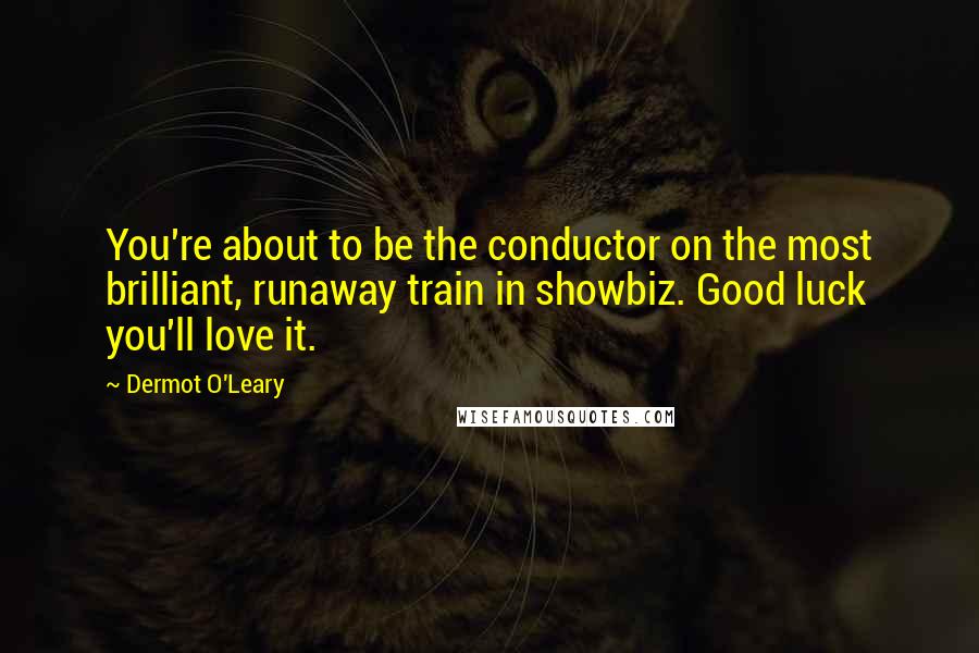 Dermot O'Leary Quotes: You're about to be the conductor on the most brilliant, runaway train in showbiz. Good luck you'll love it.