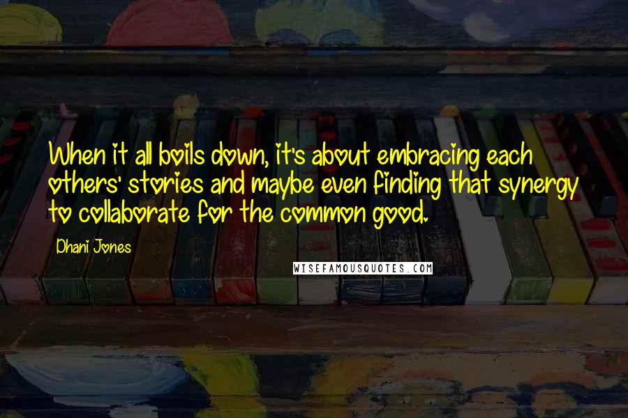 Dhani Jones Quotes: When it all boils down, it's about embracing each others' stories and maybe even finding that synergy to collaborate for the common good.