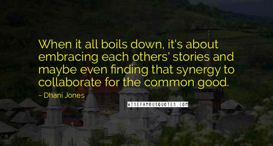 Dhani Jones Quotes: When it all boils down, it's about embracing each others' stories and maybe even finding that synergy to collaborate for the common good.