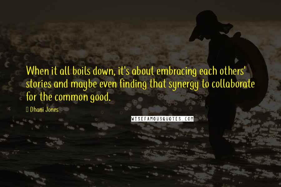 Dhani Jones Quotes: When it all boils down, it's about embracing each others' stories and maybe even finding that synergy to collaborate for the common good.