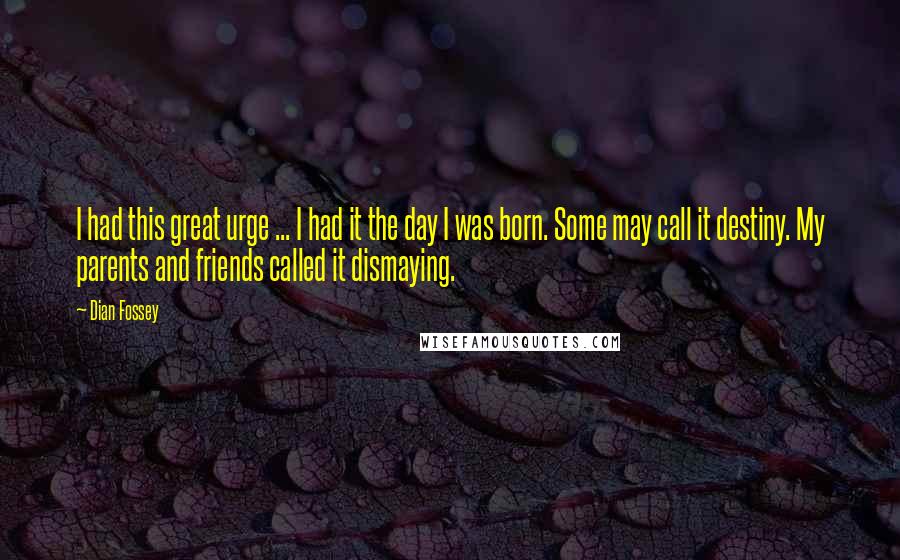 Dian Fossey Quotes: I had this great urge ... I had it the day I was born. Some may call it destiny. My parents and friends called it dismaying.
