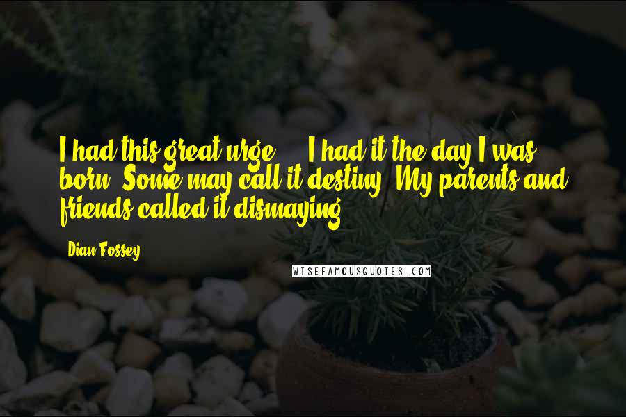 Dian Fossey Quotes: I had this great urge ... I had it the day I was born. Some may call it destiny. My parents and friends called it dismaying.