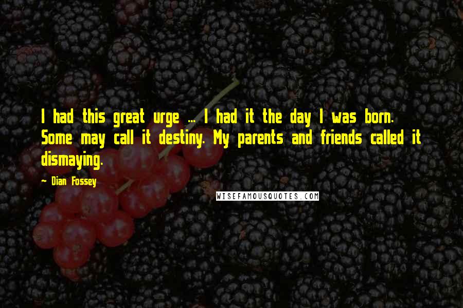 Dian Fossey Quotes: I had this great urge ... I had it the day I was born. Some may call it destiny. My parents and friends called it dismaying.