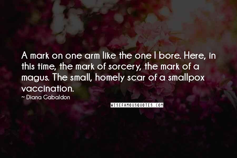 Diana Gabaldon Quotes: A mark on one arm like the one I bore. Here, in this time, the mark of sorcery, the mark of a magus. The small, homely scar of a smallpox vaccination.