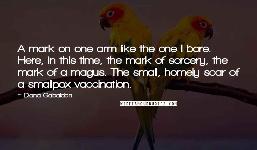 Diana Gabaldon Quotes: A mark on one arm like the one I bore. Here, in this time, the mark of sorcery, the mark of a magus. The small, homely scar of a smallpox vaccination.