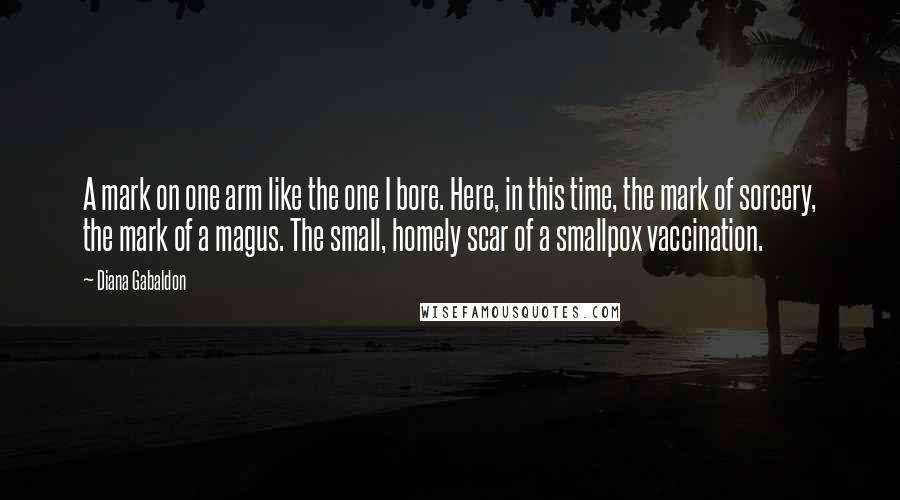 Diana Gabaldon Quotes: A mark on one arm like the one I bore. Here, in this time, the mark of sorcery, the mark of a magus. The small, homely scar of a smallpox vaccination.