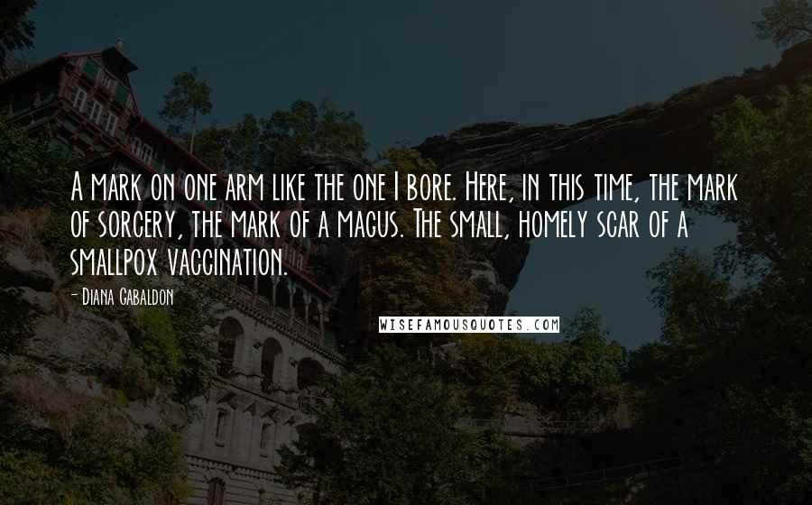 Diana Gabaldon Quotes: A mark on one arm like the one I bore. Here, in this time, the mark of sorcery, the mark of a magus. The small, homely scar of a smallpox vaccination.