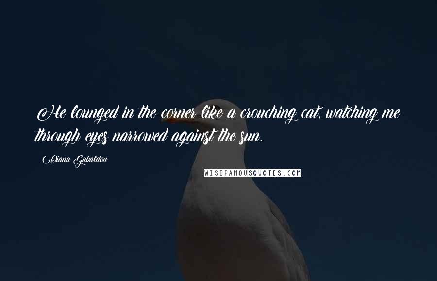 Diana Gabaldon Quotes: He lounged in the corner like a crouching cat, watching me through eyes narrowed against the sun.