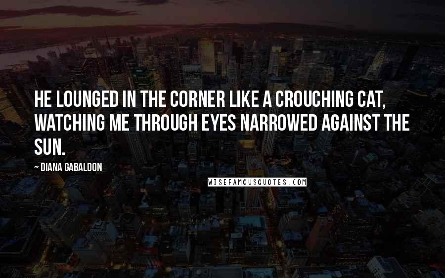 Diana Gabaldon Quotes: He lounged in the corner like a crouching cat, watching me through eyes narrowed against the sun.