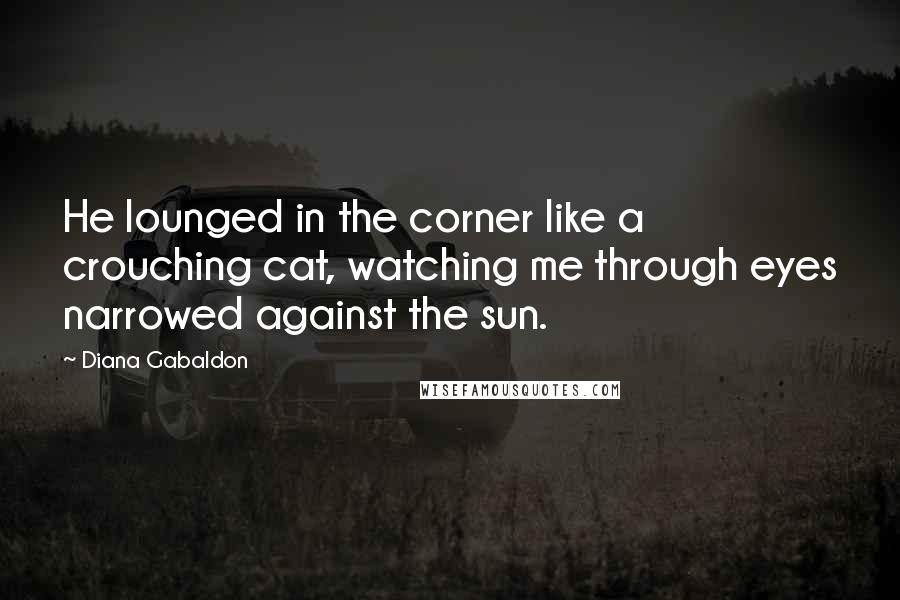 Diana Gabaldon Quotes: He lounged in the corner like a crouching cat, watching me through eyes narrowed against the sun.