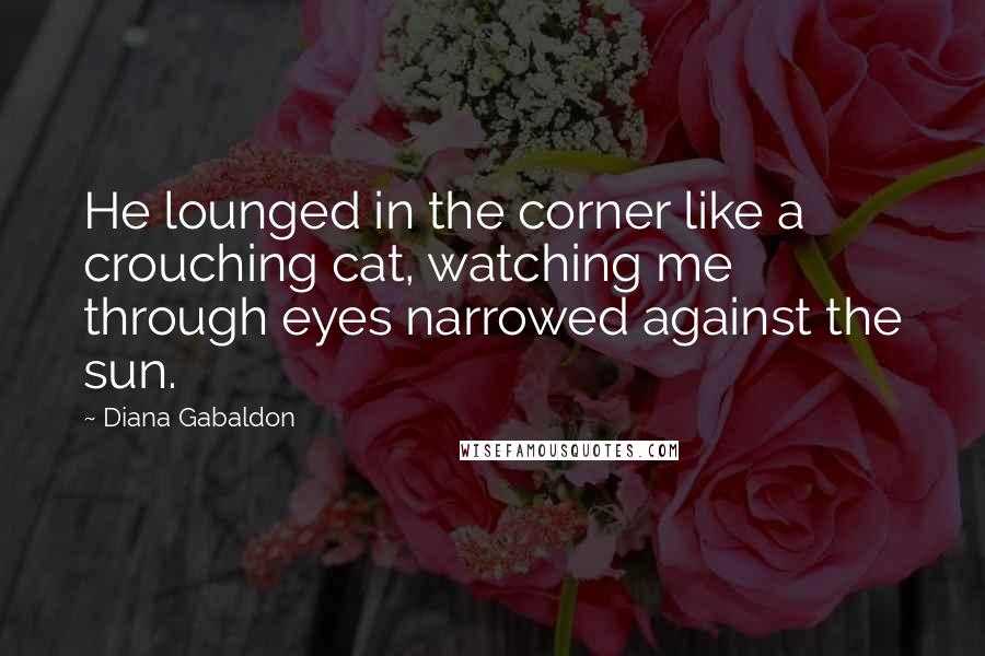 Diana Gabaldon Quotes: He lounged in the corner like a crouching cat, watching me through eyes narrowed against the sun.