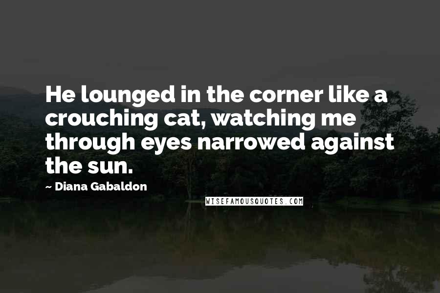 Diana Gabaldon Quotes: He lounged in the corner like a crouching cat, watching me through eyes narrowed against the sun.