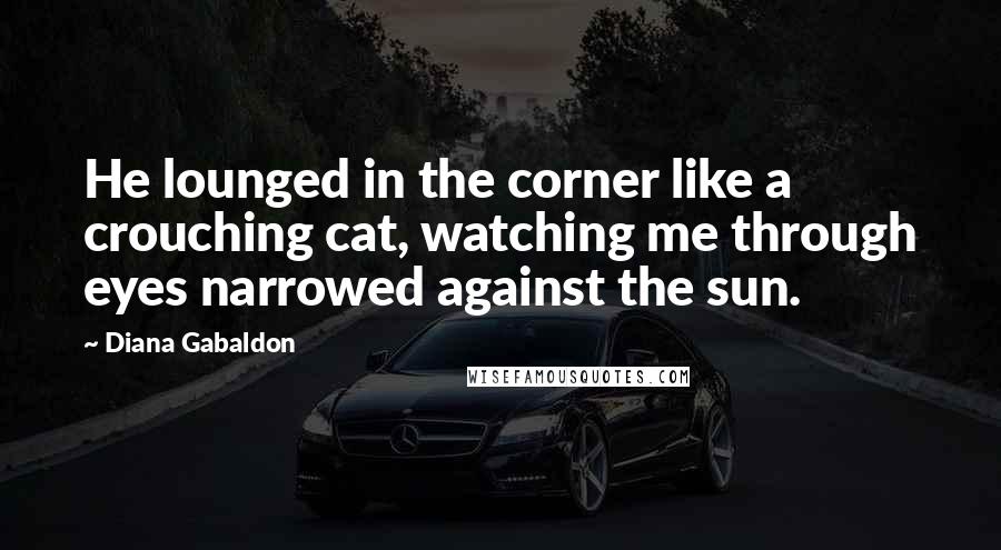 Diana Gabaldon Quotes: He lounged in the corner like a crouching cat, watching me through eyes narrowed against the sun.