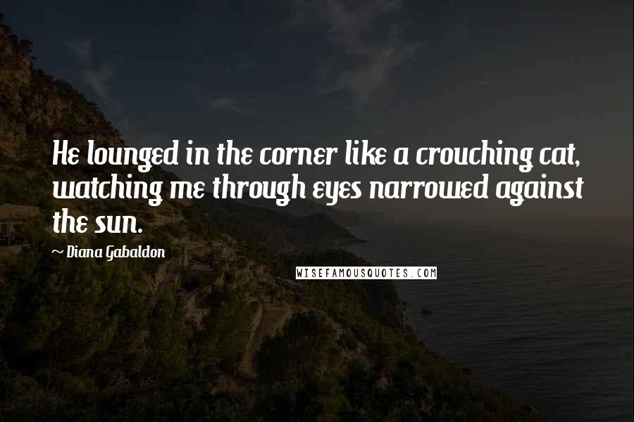 Diana Gabaldon Quotes: He lounged in the corner like a crouching cat, watching me through eyes narrowed against the sun.