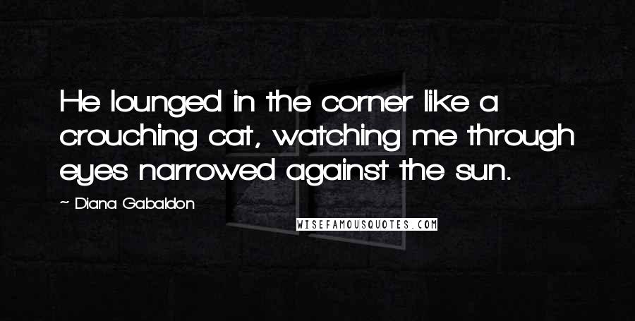 Diana Gabaldon Quotes: He lounged in the corner like a crouching cat, watching me through eyes narrowed against the sun.