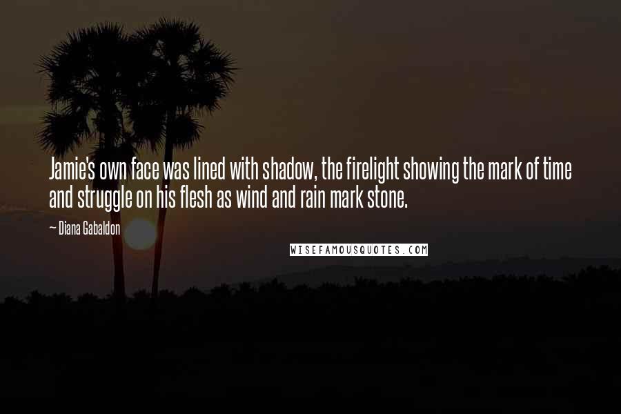 Diana Gabaldon Quotes: Jamie's own face was lined with shadow, the firelight showing the mark of time and struggle on his flesh as wind and rain mark stone.