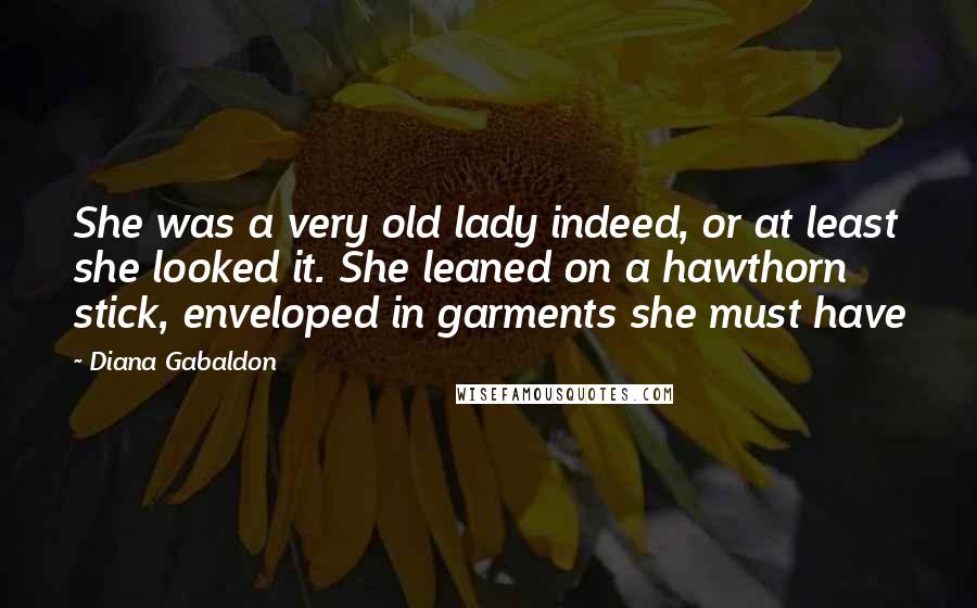 Diana Gabaldon Quotes: She was a very old lady indeed, or at least she looked it. She leaned on a hawthorn stick, enveloped in garments she must have