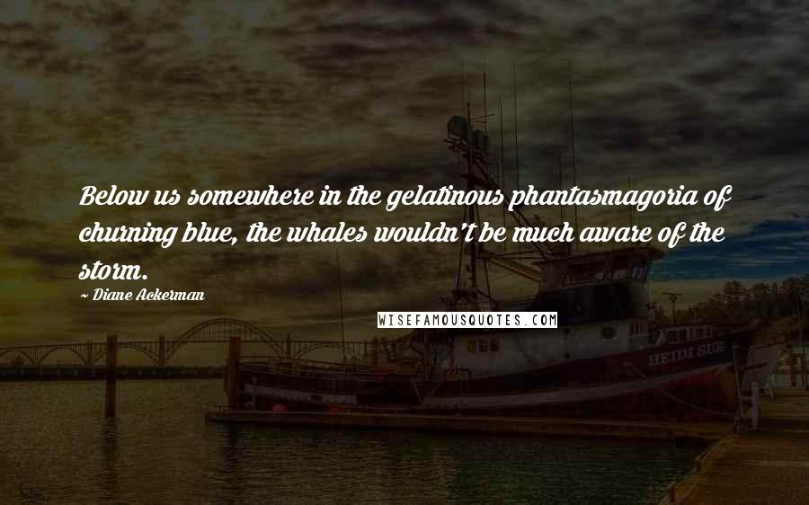 Diane Ackerman Quotes: Below us somewhere in the gelatinous phantasmagoria of churning blue, the whales wouldn't be much aware of the storm.