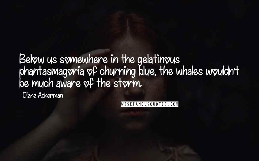 Diane Ackerman Quotes: Below us somewhere in the gelatinous phantasmagoria of churning blue, the whales wouldn't be much aware of the storm.