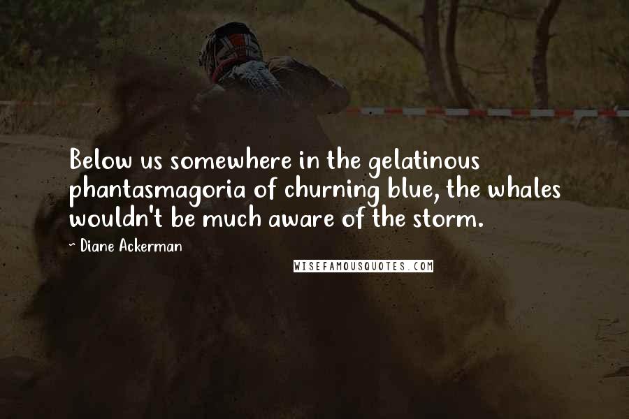 Diane Ackerman Quotes: Below us somewhere in the gelatinous phantasmagoria of churning blue, the whales wouldn't be much aware of the storm.