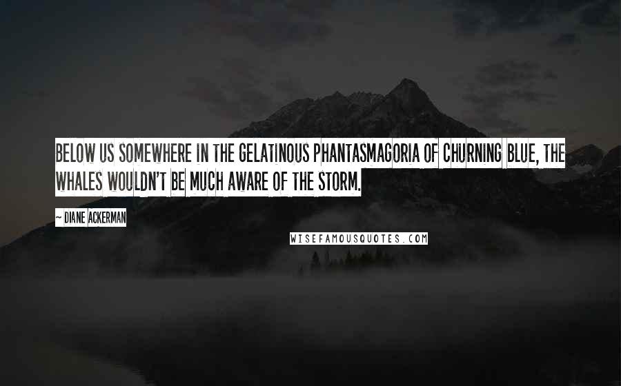 Diane Ackerman Quotes: Below us somewhere in the gelatinous phantasmagoria of churning blue, the whales wouldn't be much aware of the storm.