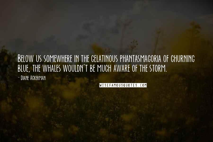 Diane Ackerman Quotes: Below us somewhere in the gelatinous phantasmagoria of churning blue, the whales wouldn't be much aware of the storm.