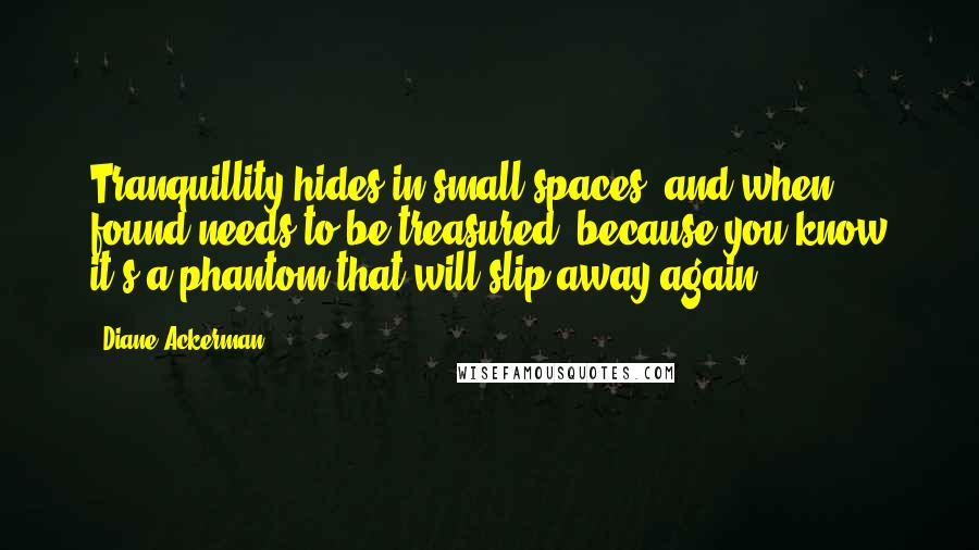 Diane Ackerman Quotes: Tranquillity hides in small spaces, and when found needs to be treasured, because you know it's a phantom that will slip away again.