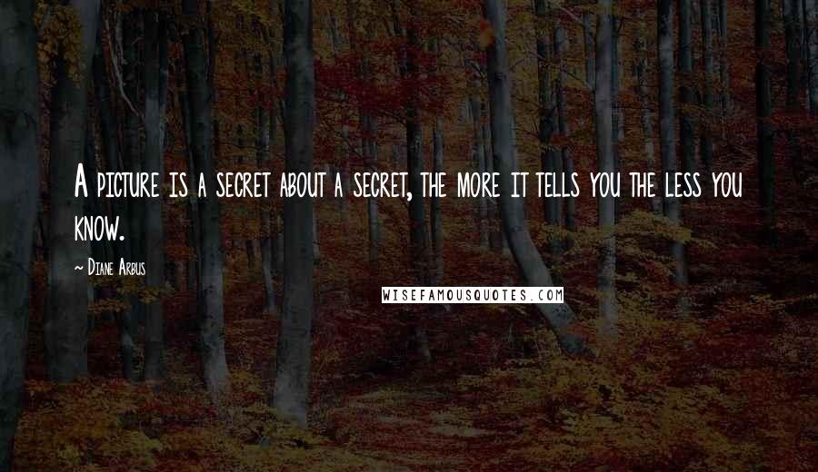 Diane Arbus Quotes: A picture is a secret about a secret, the more it tells you the less you know.