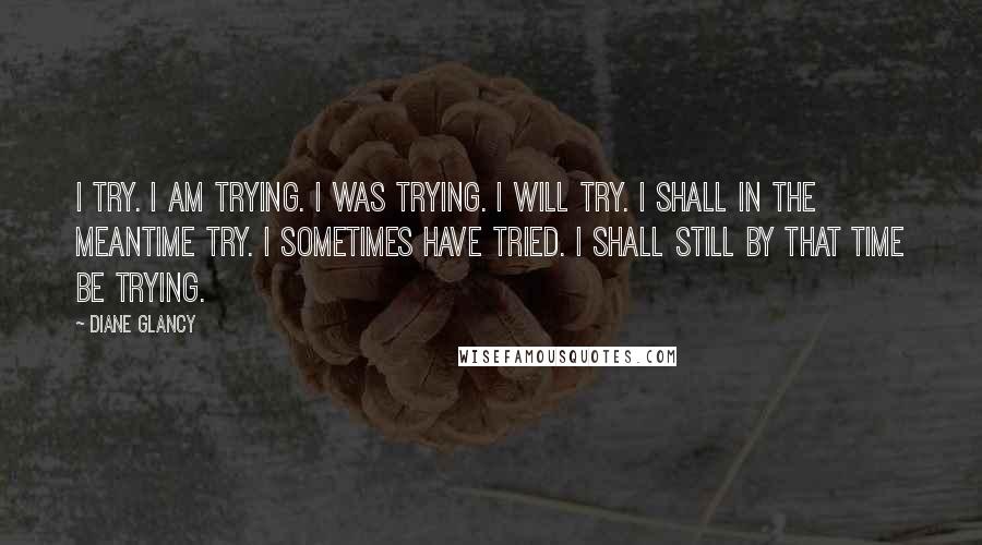 Diane Glancy Quotes: I try. I am trying. I was trying. I will try. I shall in the meantime try. I sometimes have tried. I shall still by that time be trying.