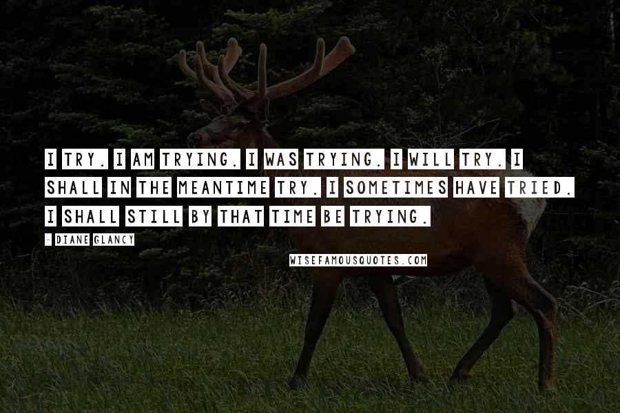 Diane Glancy Quotes: I try. I am trying. I was trying. I will try. I shall in the meantime try. I sometimes have tried. I shall still by that time be trying.