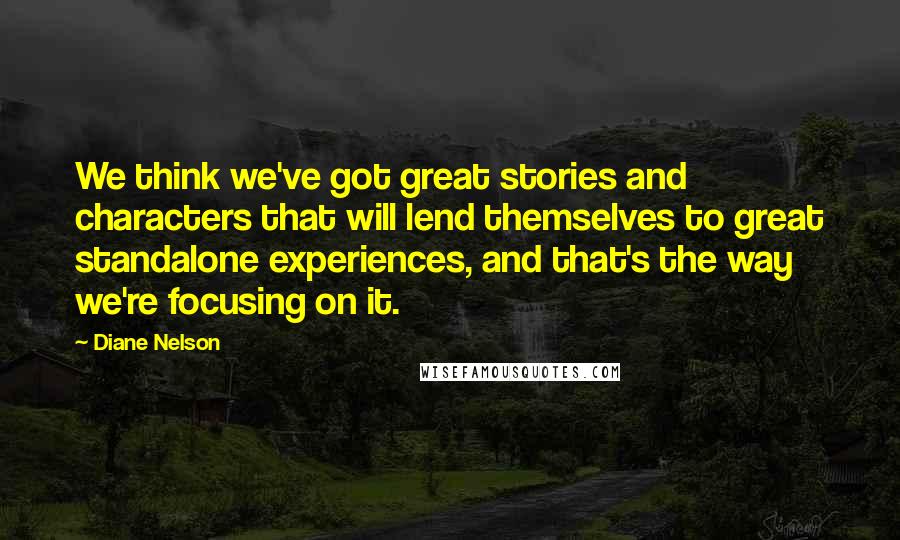 Diane Nelson Quotes: We think we've got great stories and characters that will lend themselves to great standalone experiences, and that's the way we're focusing on it.