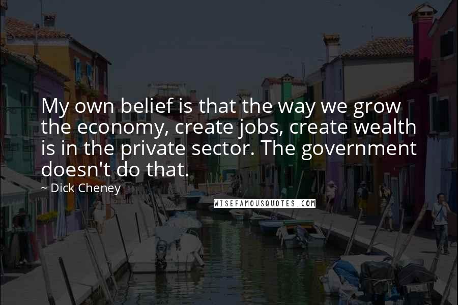 Dick Cheney Quotes: My own belief is that the way we grow the economy, create jobs, create wealth is in the private sector. The government doesn't do that.