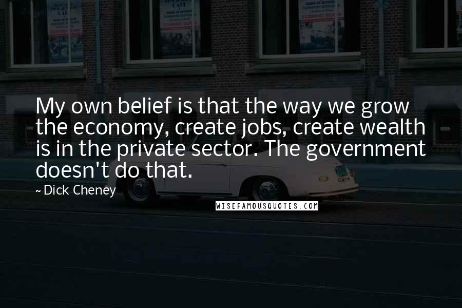 Dick Cheney Quotes: My own belief is that the way we grow the economy, create jobs, create wealth is in the private sector. The government doesn't do that.