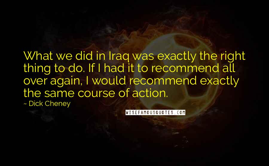 Dick Cheney Quotes: What we did in Iraq was exactly the right thing to do. If I had it to recommend all over again, I would recommend exactly the same course of action.