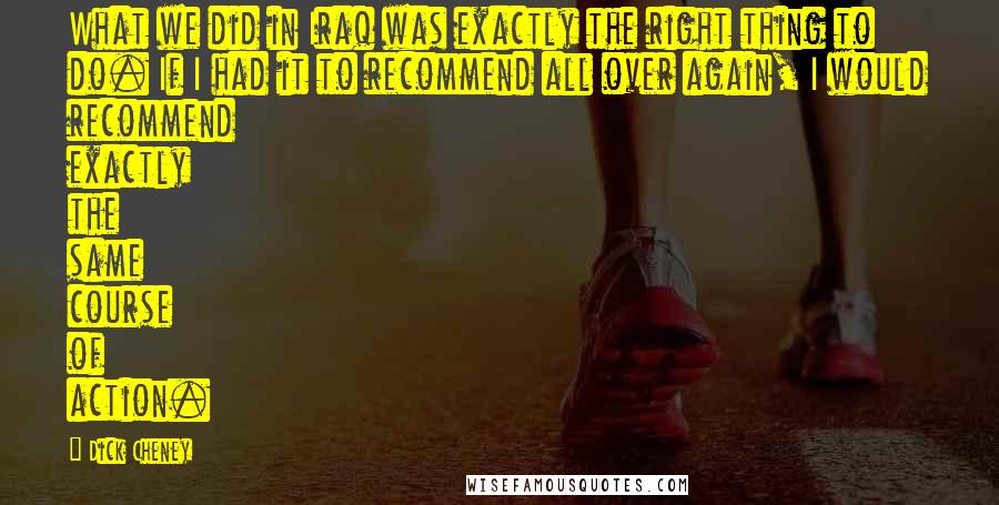 Dick Cheney Quotes: What we did in Iraq was exactly the right thing to do. If I had it to recommend all over again, I would recommend exactly the same course of action.