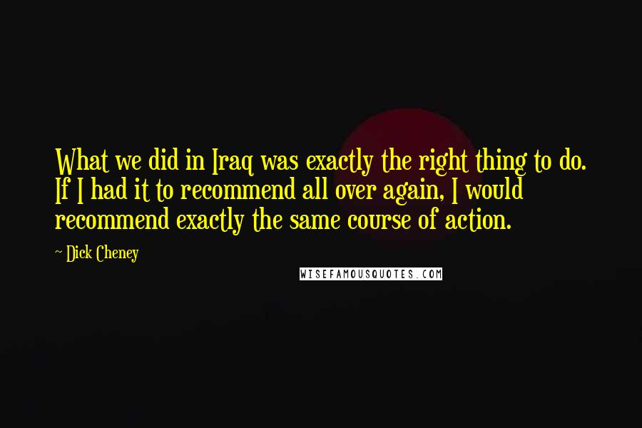 Dick Cheney Quotes: What we did in Iraq was exactly the right thing to do. If I had it to recommend all over again, I would recommend exactly the same course of action.