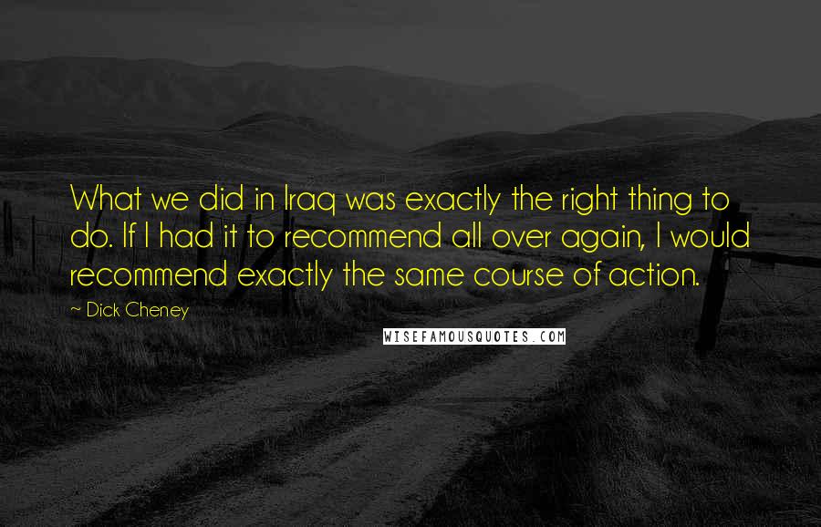 Dick Cheney Quotes: What we did in Iraq was exactly the right thing to do. If I had it to recommend all over again, I would recommend exactly the same course of action.