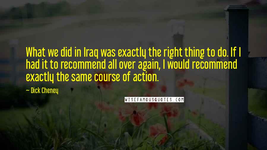 Dick Cheney Quotes: What we did in Iraq was exactly the right thing to do. If I had it to recommend all over again, I would recommend exactly the same course of action.