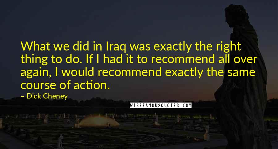 Dick Cheney Quotes: What we did in Iraq was exactly the right thing to do. If I had it to recommend all over again, I would recommend exactly the same course of action.