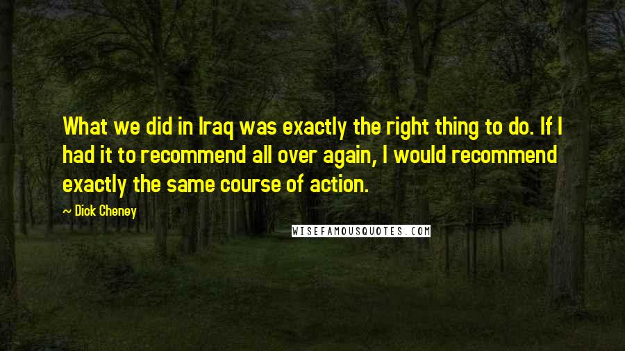 Dick Cheney Quotes: What we did in Iraq was exactly the right thing to do. If I had it to recommend all over again, I would recommend exactly the same course of action.