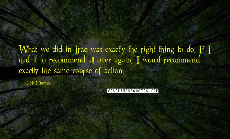 Dick Cheney Quotes: What we did in Iraq was exactly the right thing to do. If I had it to recommend all over again, I would recommend exactly the same course of action.