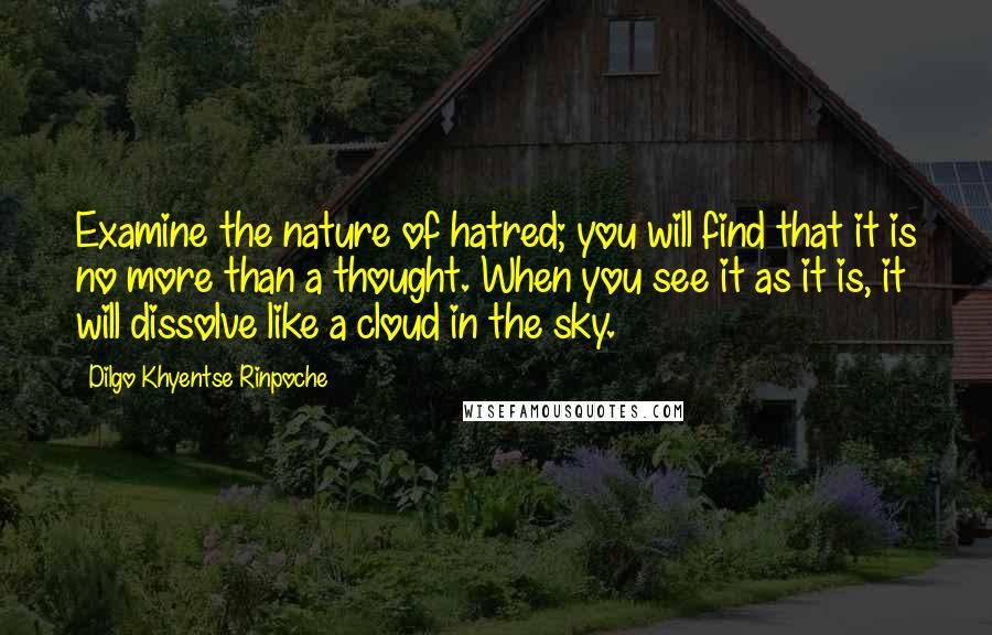 Dilgo Khyentse Rinpoche Quotes: Examine the nature of hatred; you will find that it is no more than a thought. When you see it as it is, it will dissolve like a cloud in the sky.