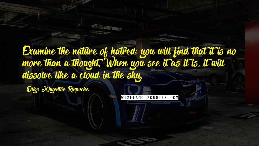 Dilgo Khyentse Rinpoche Quotes: Examine the nature of hatred; you will find that it is no more than a thought. When you see it as it is, it will dissolve like a cloud in the sky.
