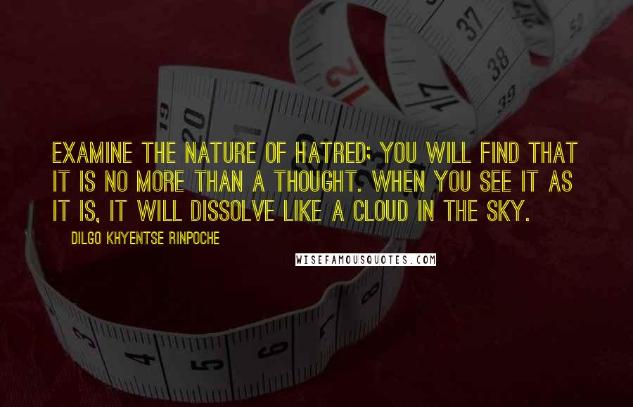 Dilgo Khyentse Rinpoche Quotes: Examine the nature of hatred; you will find that it is no more than a thought. When you see it as it is, it will dissolve like a cloud in the sky.