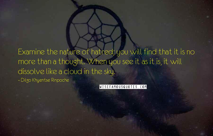 Dilgo Khyentse Rinpoche Quotes: Examine the nature of hatred; you will find that it is no more than a thought. When you see it as it is, it will dissolve like a cloud in the sky.